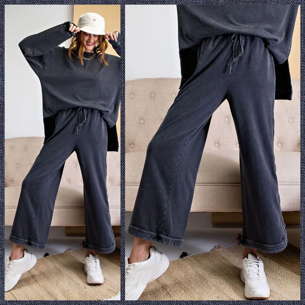 EASEL "So Comfy" Mineral Washed Pants Cotton Terry Side Leg Detail Elastic Waist - Picture 14 of 16